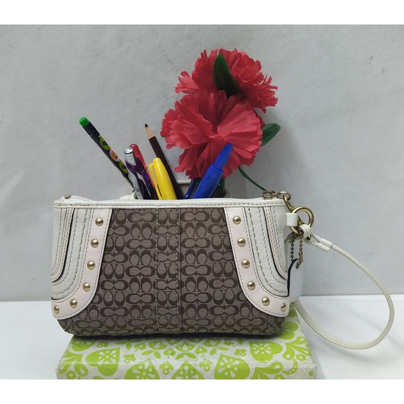 Coach Mini C Brown Canvas Leather Trim Studded Zipper Wristlet - Coin Wallet - Picture 2 of 14